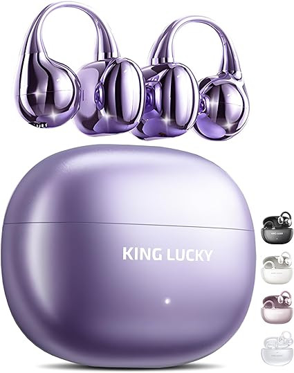 King Lucky Clip-On Earbuds Gen 3, Open-Ear Wireless Bluetooth 6.0 Headphones with Mic, Secure Fit for Small Ears & Glasses Wearers, 50H Playtime, ENC, IPX5 Waterproof Sport Ear Buds (Purple)