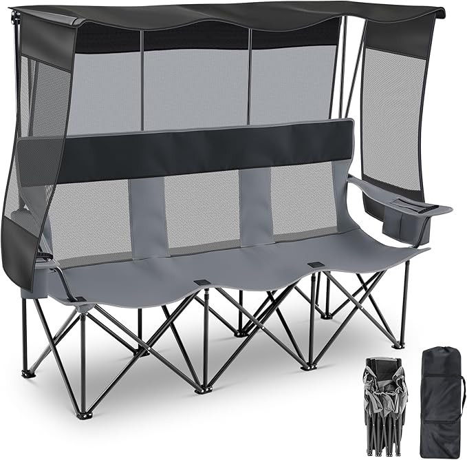 3 Person Camping Chair with Canopy Shade Oversized Folding Loveseat Sofa Style Camping Couch Portable Outdoor Lawn Seat Tailgate Chair with Umbrella for Sport Sideline Beach Backyard Festival