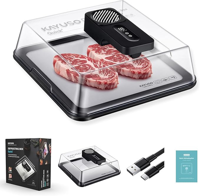 Defrosting Tray for Frozen Meat, USB Rechargeable Meat Defrosting Box with Lid, Aluminum Defrosting Tray BBQ, Airflow Technology, Non Stick Easy to Clean (Black)